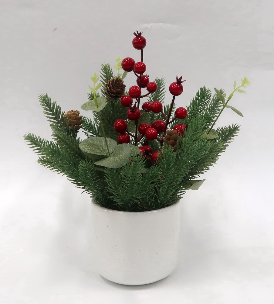 slide 1 of 1, Holiday Home Greenery with Red Berries in White Pot, 12 in