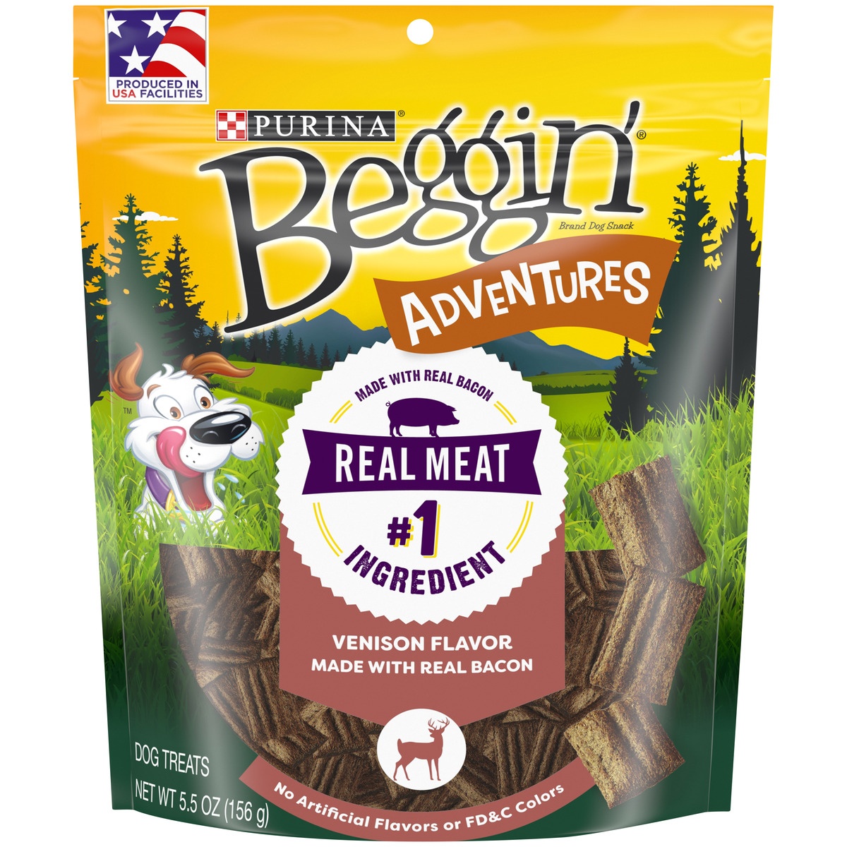 slide 1 of 1, Purina Beggin' Made in USA Facilities Dog Treats, Adventures Venison Flavor With Real Bacon Pouch, 5.85 oz