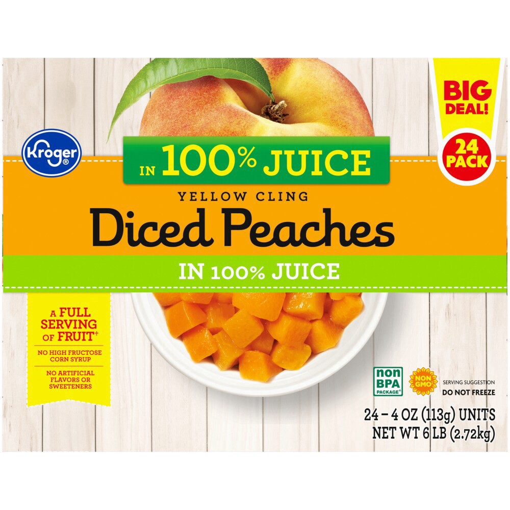 slide 2 of 5, Kroger Yellow Cling Diced Peaches Fruit Cups 24 Count, 6 lb