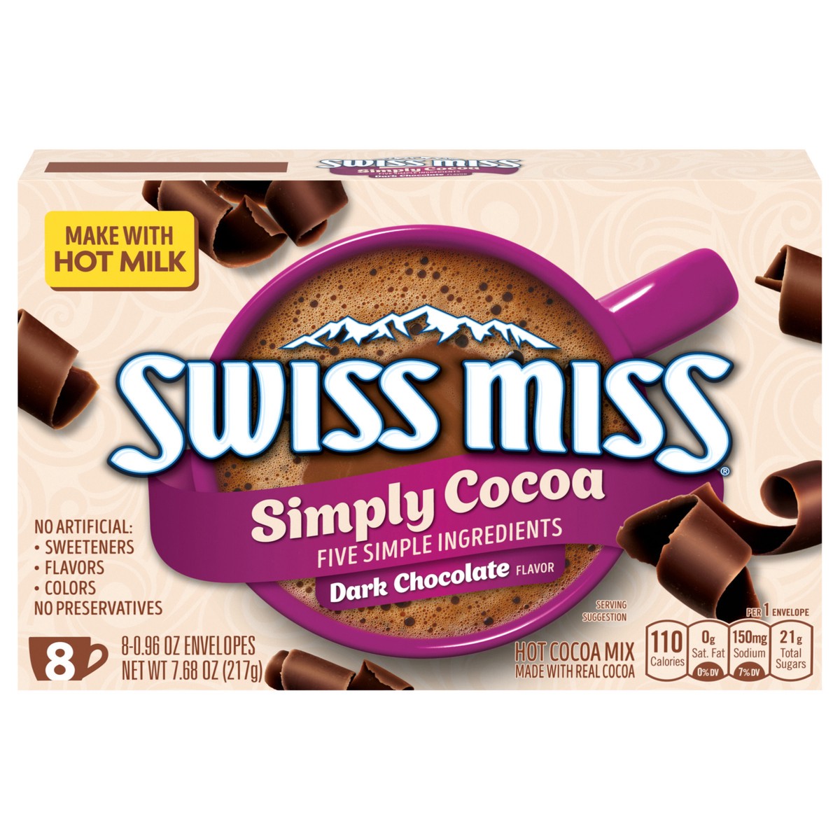 slide 1 of 5, Swiss Miss Simply Cocoa Dark Chocolate Flavored Hot Cocoa Mix, 8 Count Hot Cocoa Mix Packets, 8 ct