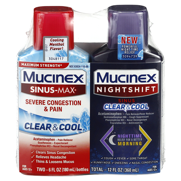 slide 1 of 1, Mucinex Sinus-Max Clear & Cool Severe Congestion & Pain + Mucinex Night Shift Sinus Clear & Cool 2 x, 6 oz