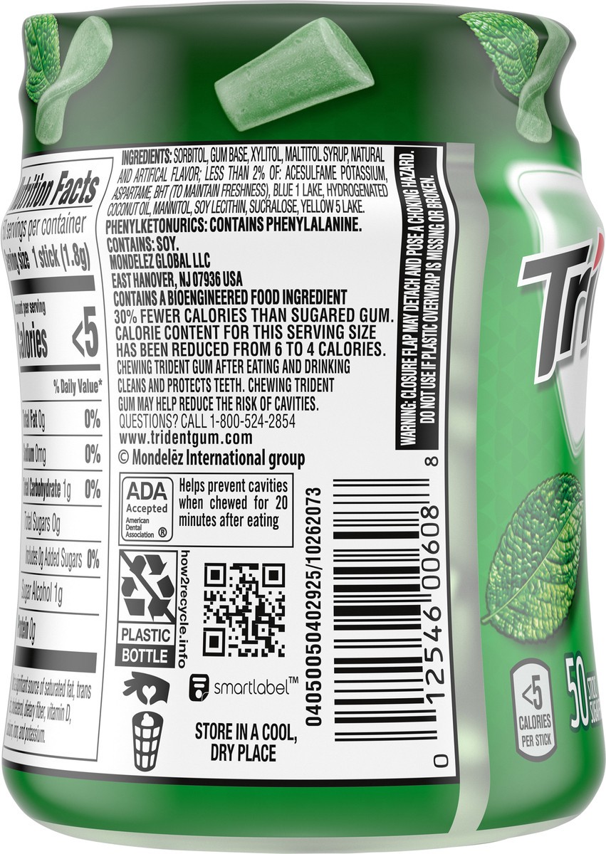 slide 4 of 9, Trident Unwrapped Spearmint Sugar Free Gum, 50 Piece Bottle, 3.17 oz