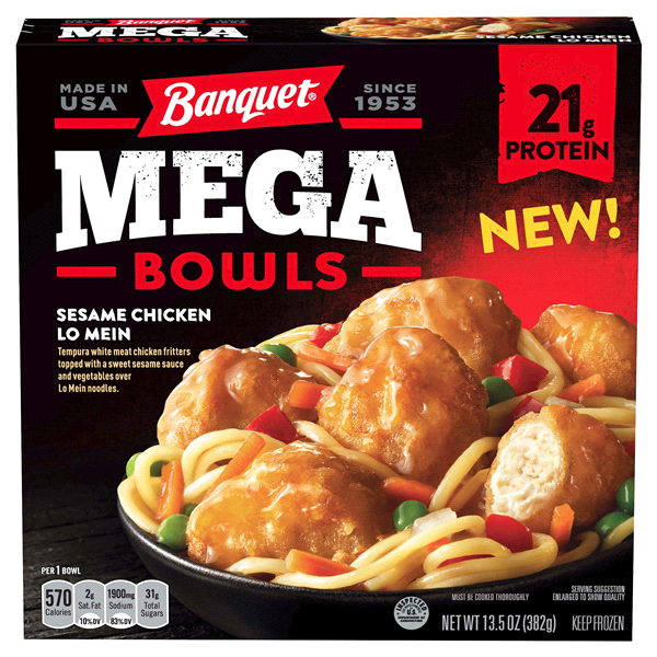 slide 1 of 1, Banquet Mega Bowls Sesame Chicken Lo Mein, 13.5 oz