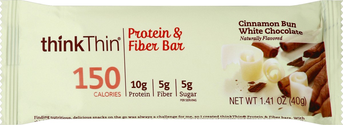 slide 5 of 5, thinkThin Cinnamon Bun White Chocolate Protein Fiber Bar, 1.41 oz