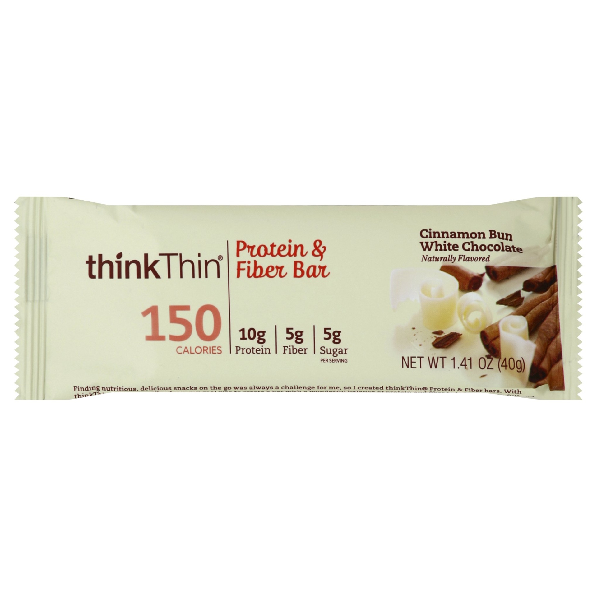 slide 1 of 5, thinkThin Cinnamon Bun White Chocolate Protein Fiber Bar, 1.41 oz