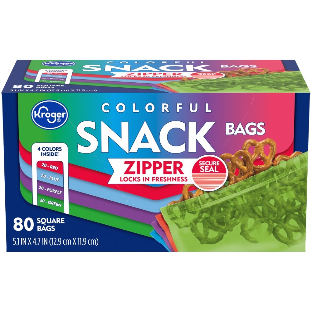 slide 1 of 1, Kroger Reclosable Colorful Assorted Square Snack Bags, 80 ct