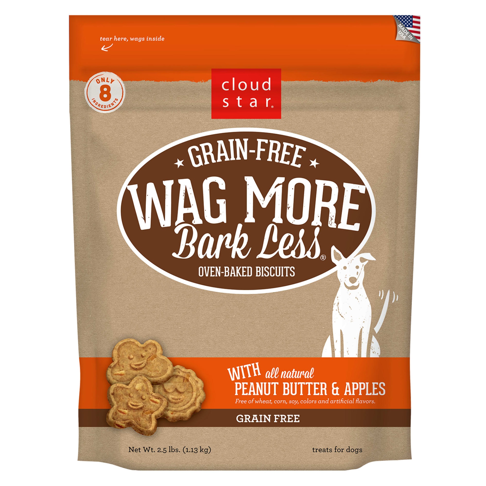 slide 1 of 1, Cloud Star Wag More Bark Less Grain Free Peanut Butter & Apples Dog Treats, 2.5 lb