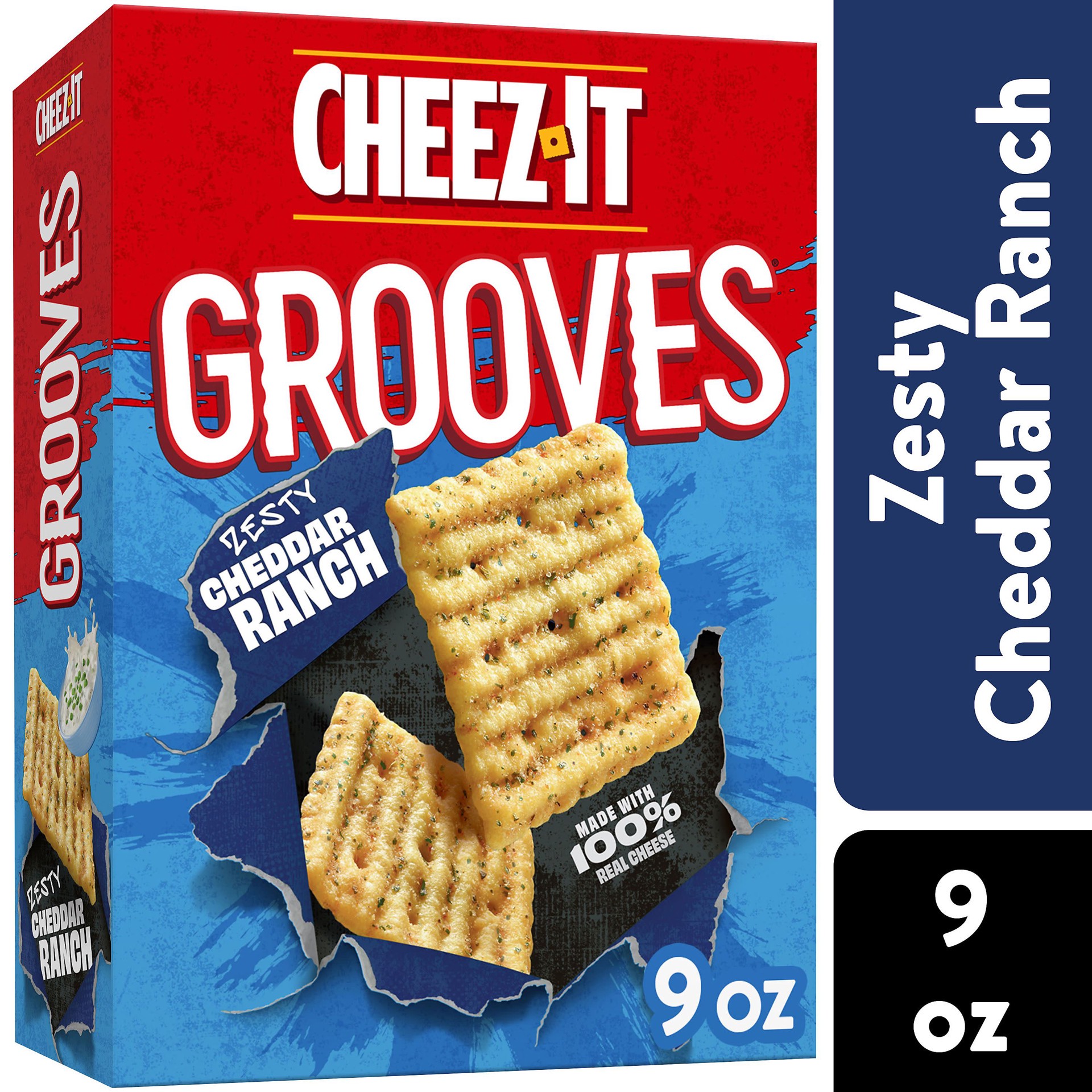 slide 1 of 7, Cheez-It Grooves Cheese Crackers, Crunchy Snack Crackers, Lunch Snacks, Zesty Cheddar Ranch, 9oz Box, 1 Box, 9 oz