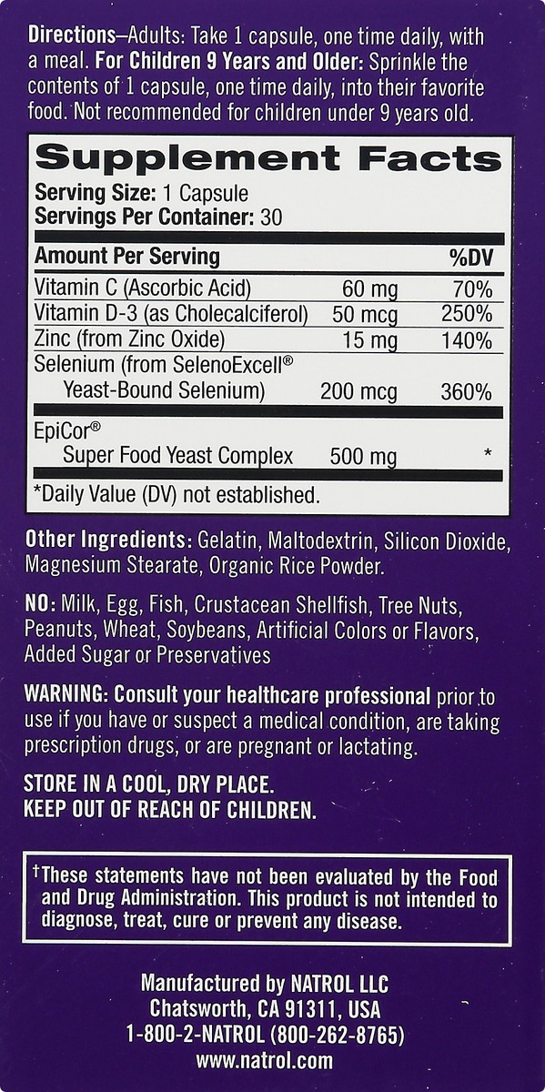 slide 6 of 9, Natrol Immune Boost Capsules, Immune Support Dietary Supplement, Made with EpiCor Clinically Tested, Includes Vitamins C, D3, Selenium and Zinc, 30 Count, 30 ct
