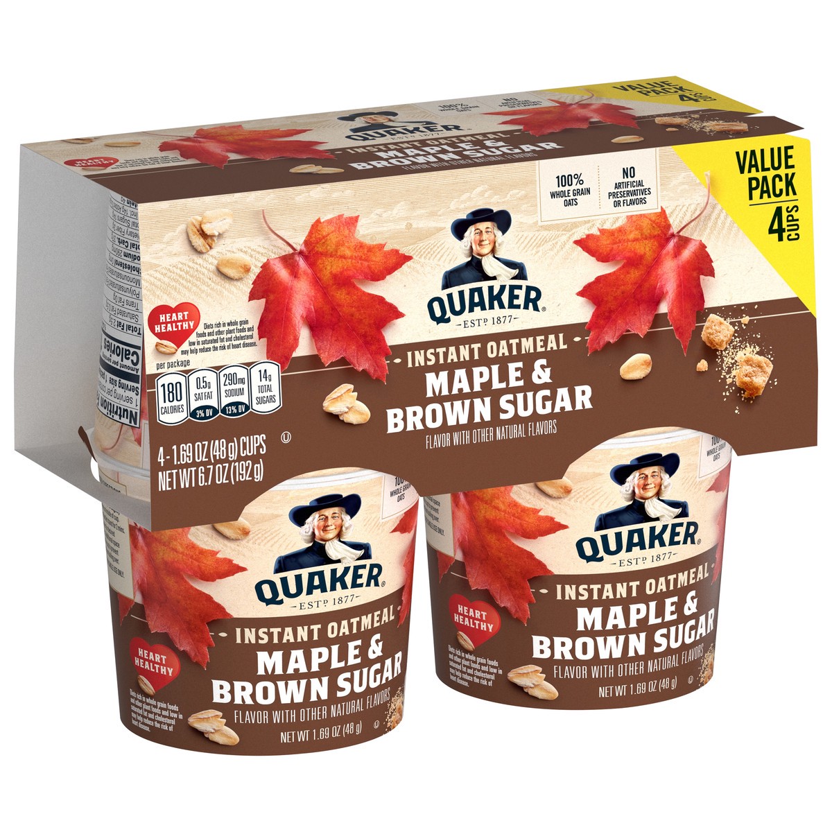 slide 3 of 9, Quaker Instant Oatmeal Maple & Brown Sugar 6.7 Oz 4 Count Cup, 4 ct
