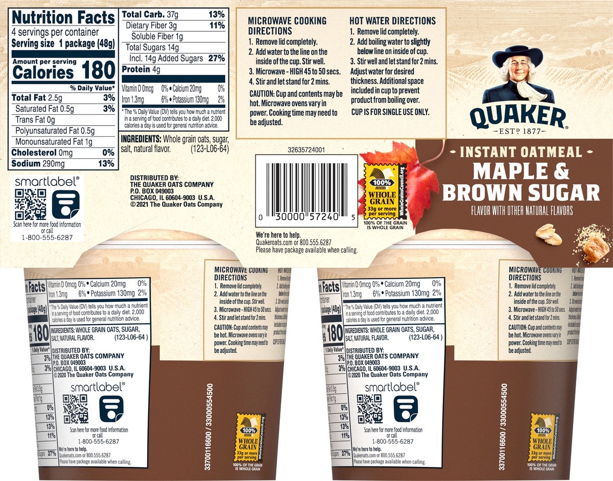 slide 9 of 9, Quaker Instant Oatmeal Maple & Brown Sugar 6.7 Oz 4 Count Cup, 4 ct