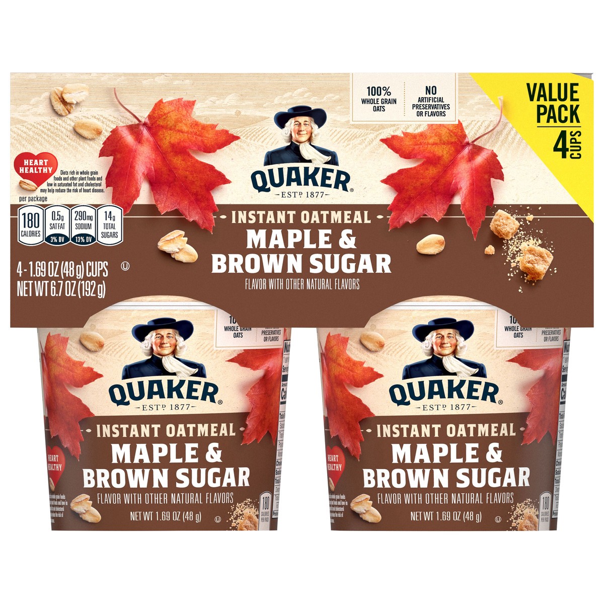 slide 1 of 9, Quaker Instant Oatmeal Maple & Brown Sugar 6.7 Oz 4 Count Cup, 4 ct