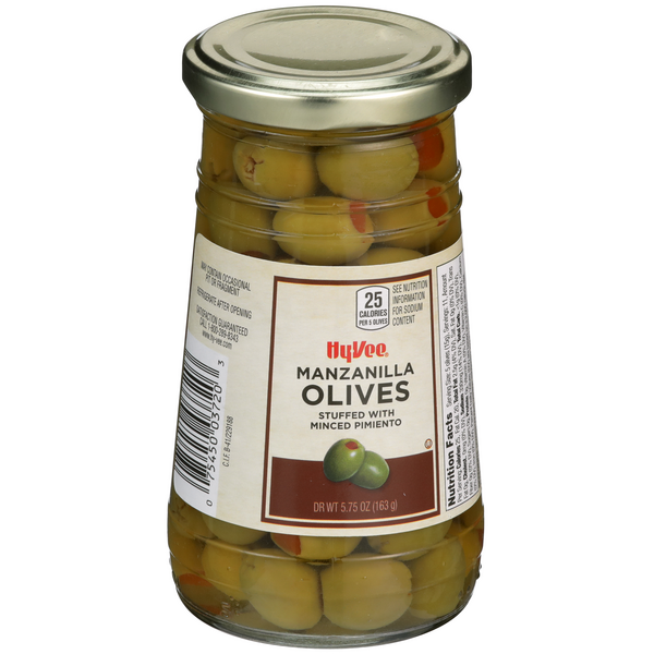 slide 1 of 8, Hy-vee Manzanilla Olives Stuffed With Minced Pimiento, 5.75 oz