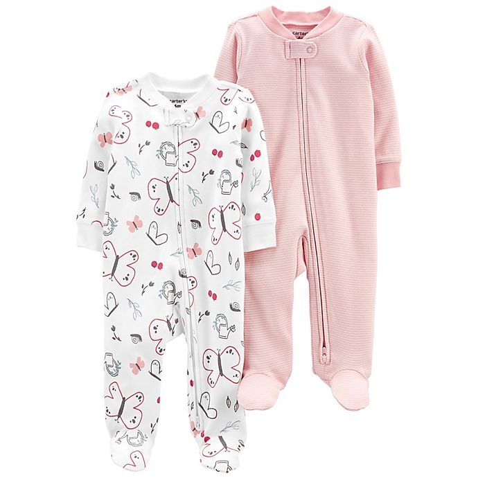 slide 1 of 1, carter's Preemie Butterfly/Stripe Zip-Up Cotton Sleep & Plays - White/Pink, 2 ct