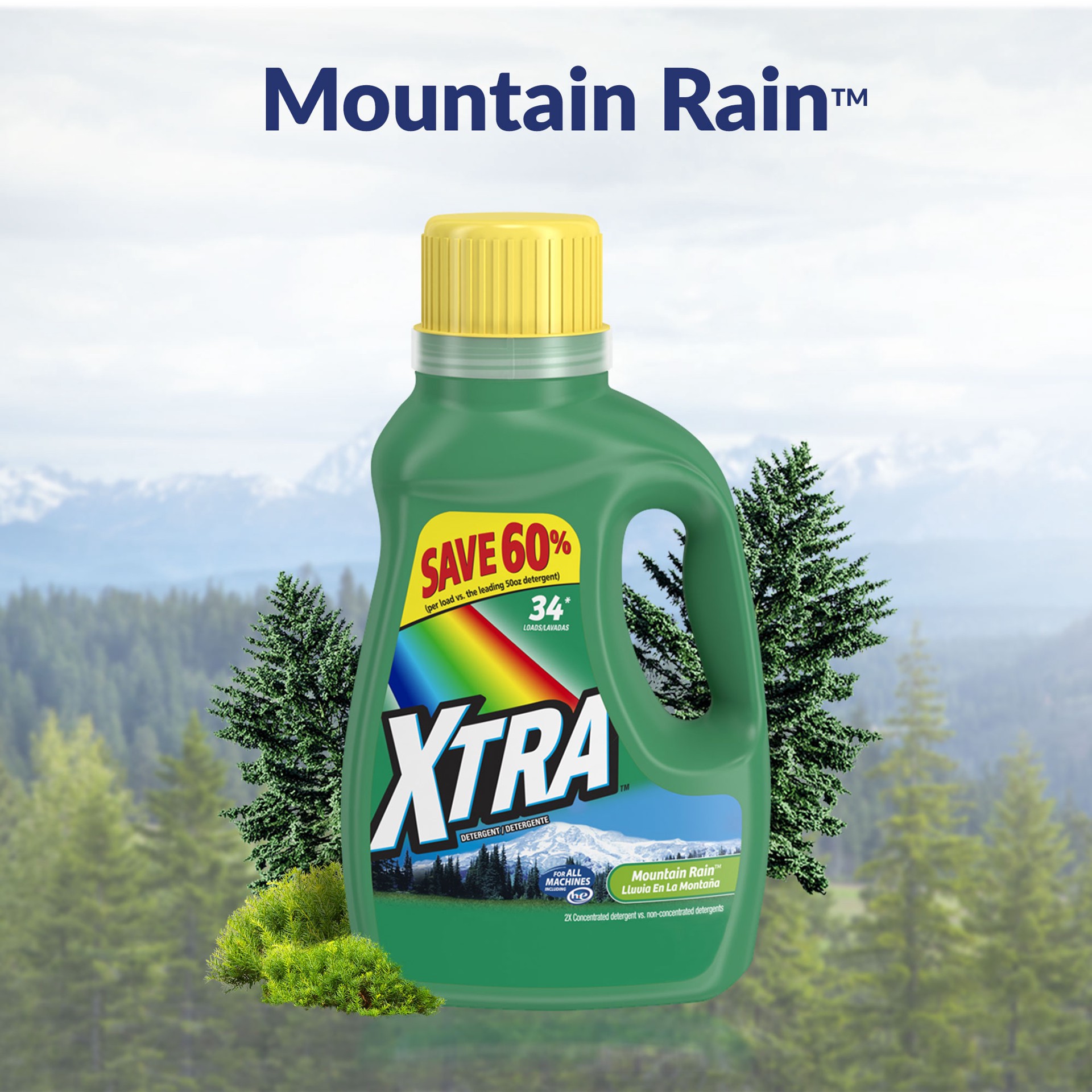 slide 3 of 5, Xtra Liquid Laundry Detergent, Mountain Rain, 175oz, 175 fl oz