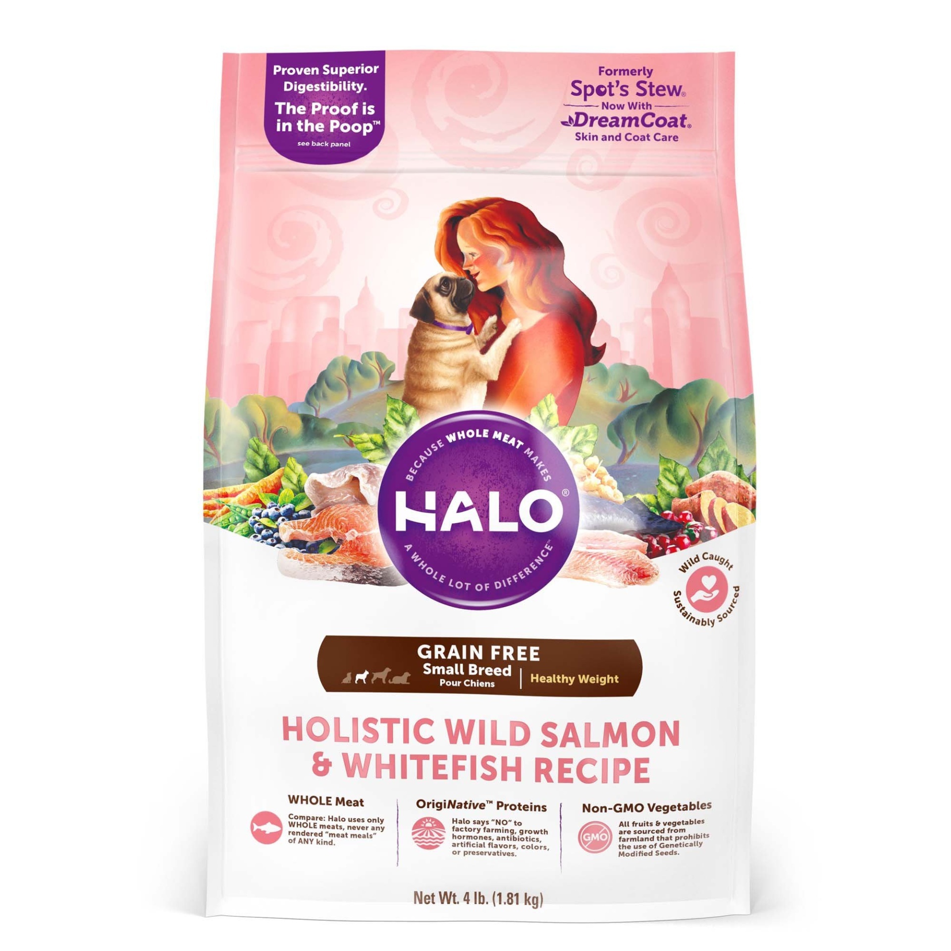 slide 1 of 1, Halo Holistic Healthy Weight Grain Free Wild Salmon & Whitefish Small Breed Adult Dog Food, 4 lb