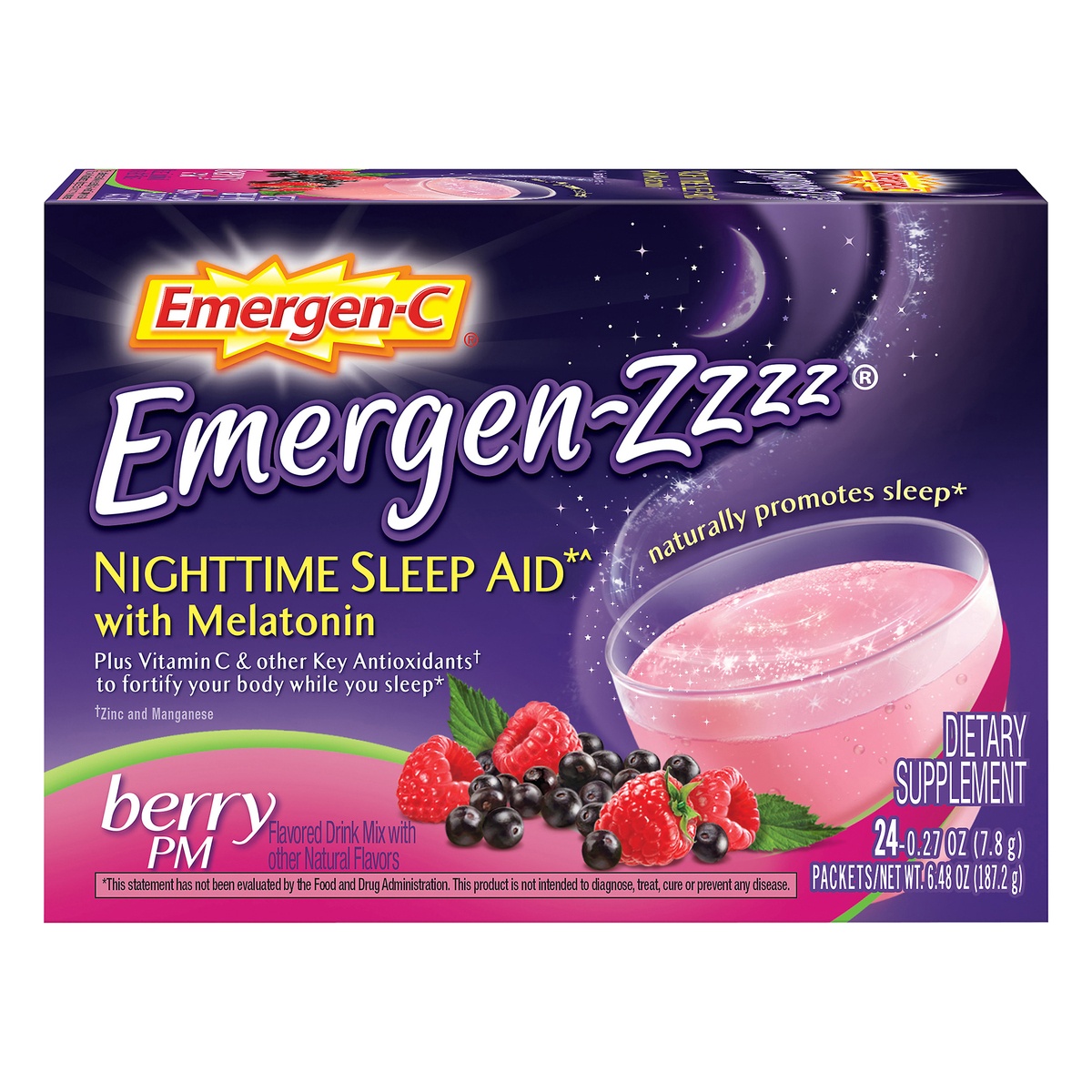 slide 1 of 1, Emergen-C Emergen-Zzzz Nighttime Sleep Aid with Melatonin Drink Mix - Berry, 24 ct