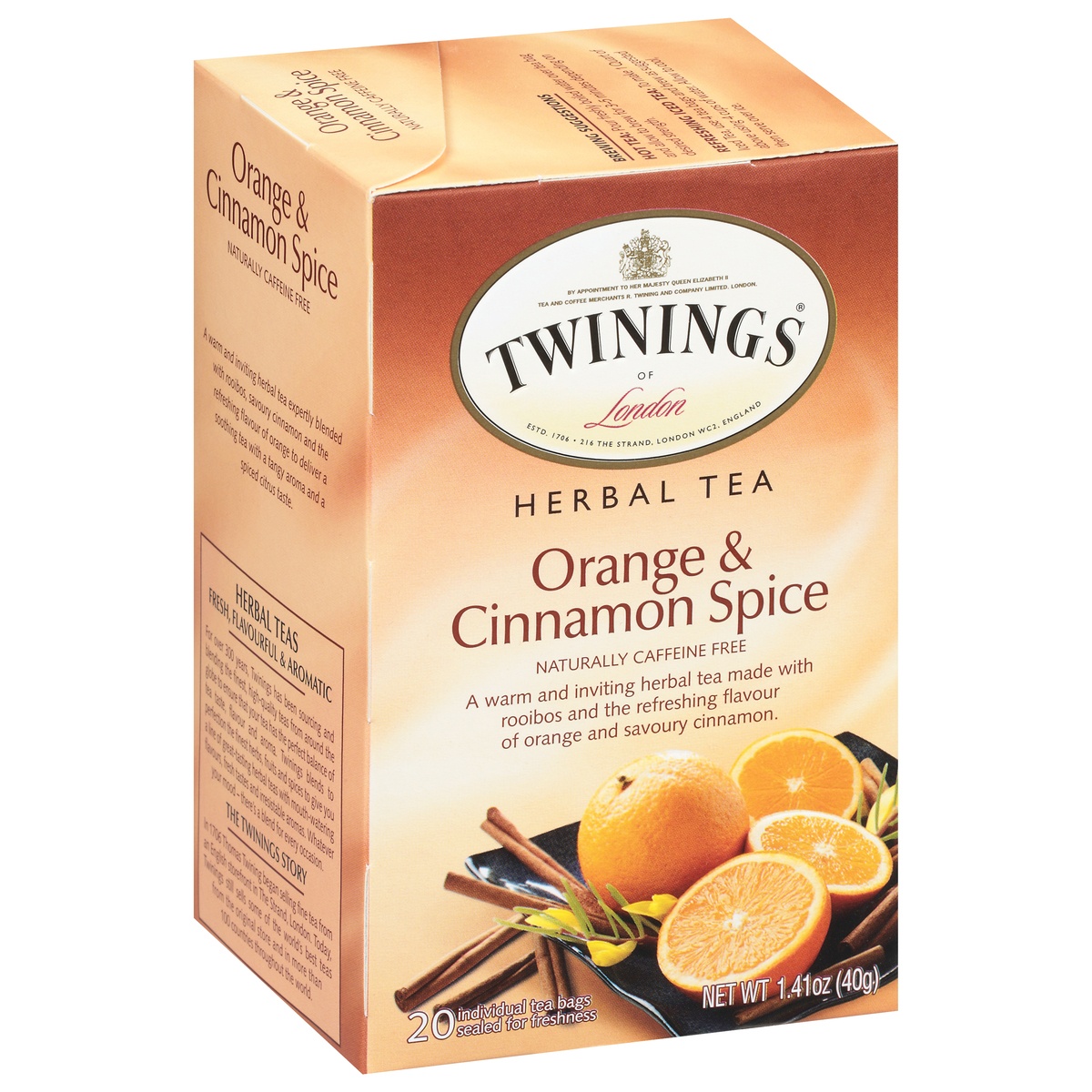 slide 1 of 1, Twinings Caffeine-Free Orange & Cinnamon Spice Flavored Herbal Tea 20 Bags, 20 ct; 1.41 oz