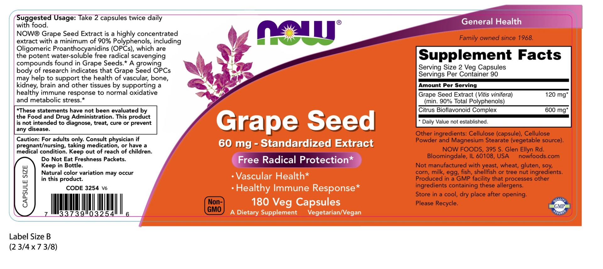 slide 2 of 2, NOW Grape Seed 60 mg Vegetable Capsules, 180 ct