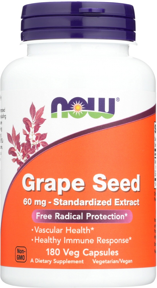slide 1 of 2, NOW Grape Seed 60 mg Vegetable Capsules, 180 ct