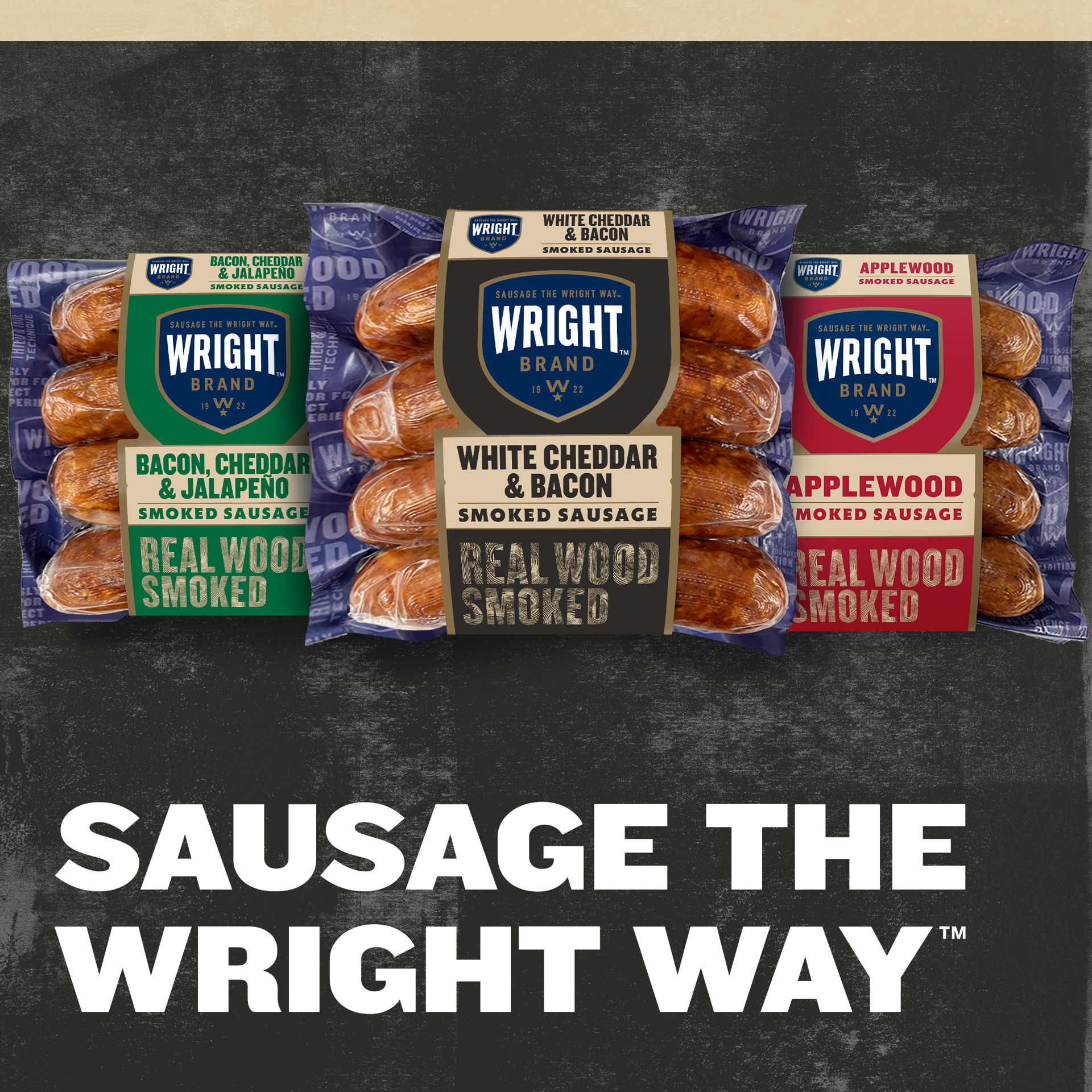 slide 4 of 10, Wright Brand Real Wood Smoked White Cheddar & Bacon Smoked Sausage, 4 ct, 12 oz