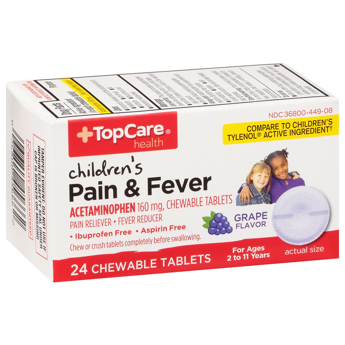 slide 4 of 10, TopCare Health Children's Ages 2 to 11 Years Grape Flavor 160 mg Pain & Fever 24 Chewable Tablets, 24 ct