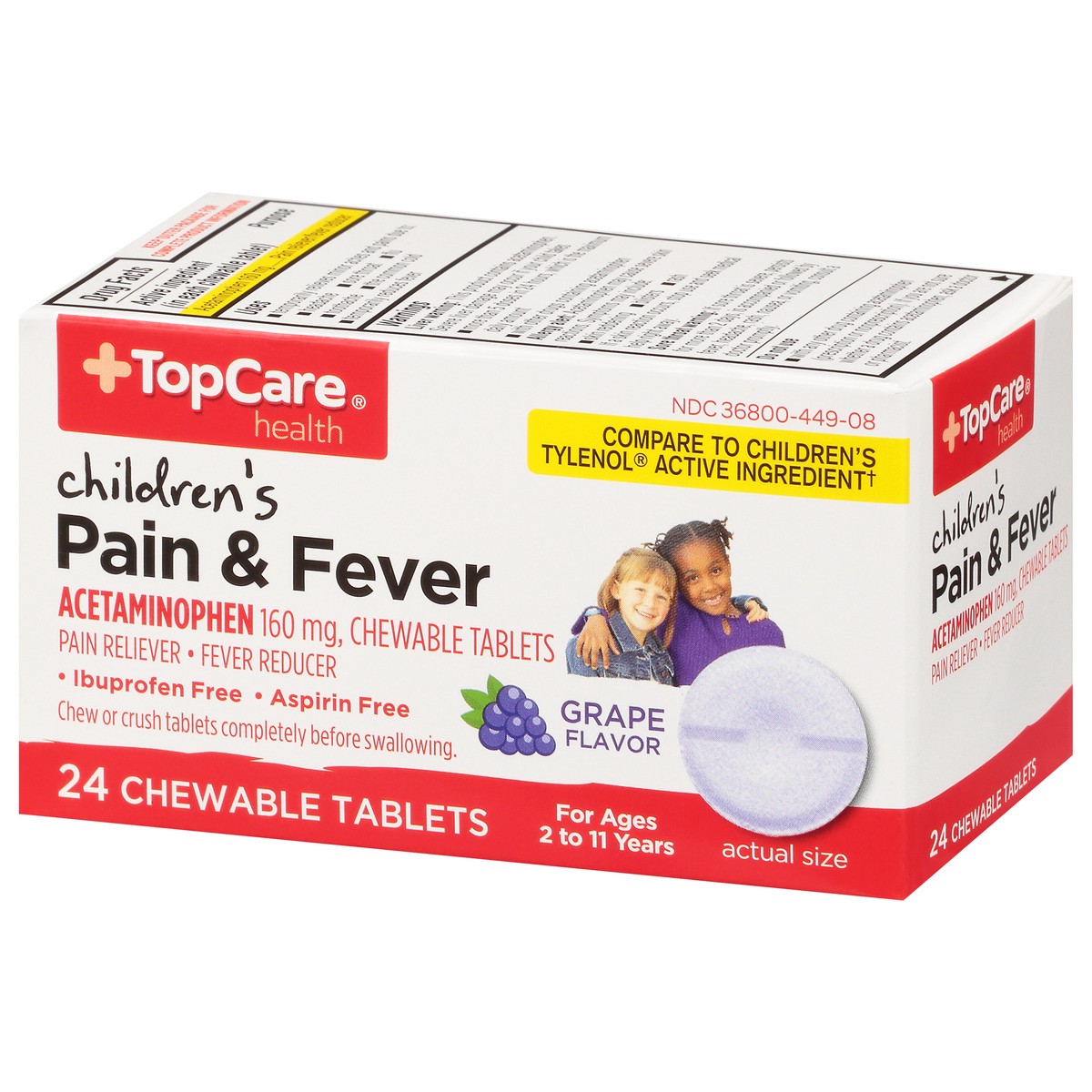 slide 3 of 10, TopCare Health Children's Ages 2 to 11 Years Grape Flavor 160 mg Pain & Fever 24 Chewable Tablets, 24 ct