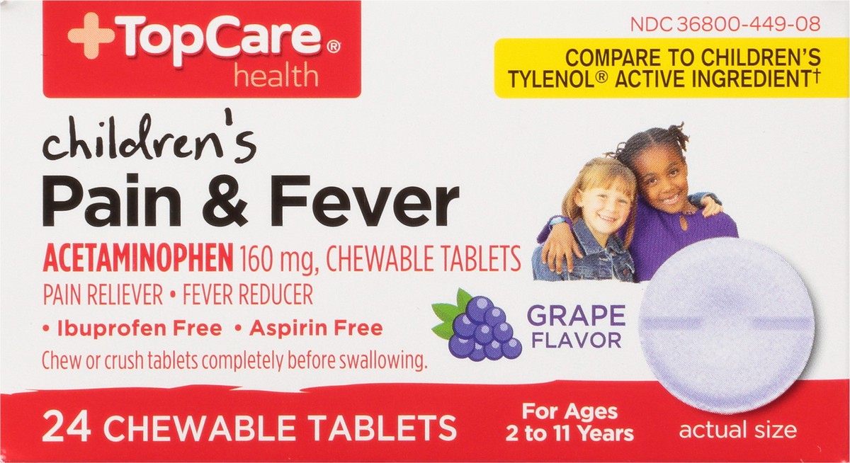 slide 5 of 10, TopCare Health Children's Ages 2 to 11 Years Grape Flavor 160 mg Pain & Fever 24 Chewable Tablets, 24 ct