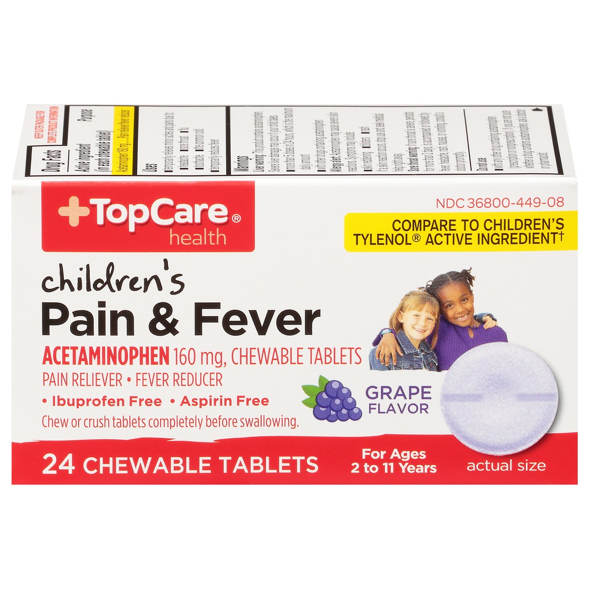 slide 2 of 10, TopCare Health Children's Ages 2 to 11 Years Grape Flavor 160 mg Pain & Fever 24 Chewable Tablets, 24 ct