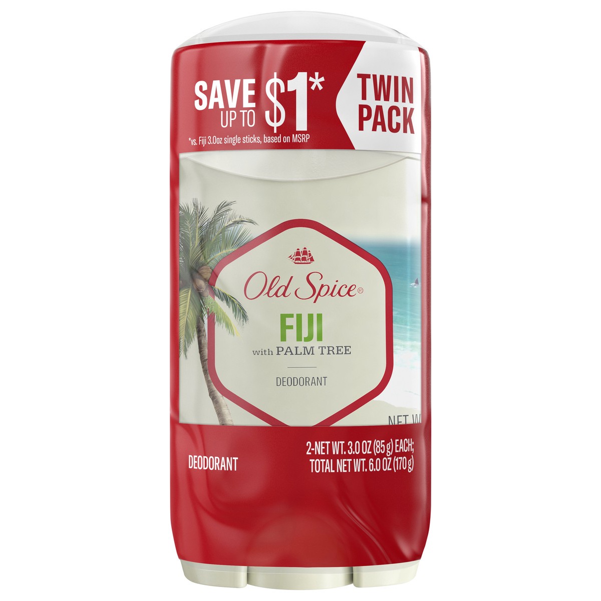 slide 1 of 3, Old Spice Aluminum Free Deodorant for men, Fiji with Palm Tree Scent, 24/7 Odor Protection, Twin Pack, 2 x 3oz, 2 ct