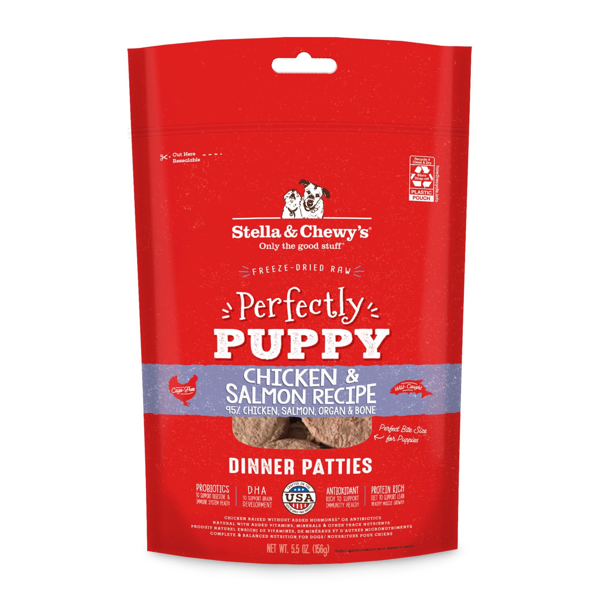 slide 1 of 1, Stella & Chewy's Freeze Dried Raw Dinner Patties Protein Rich Perfectly Puppy Chicken & Salmon Recipe Dry Dog Food, 5.5 oz., 1 ct