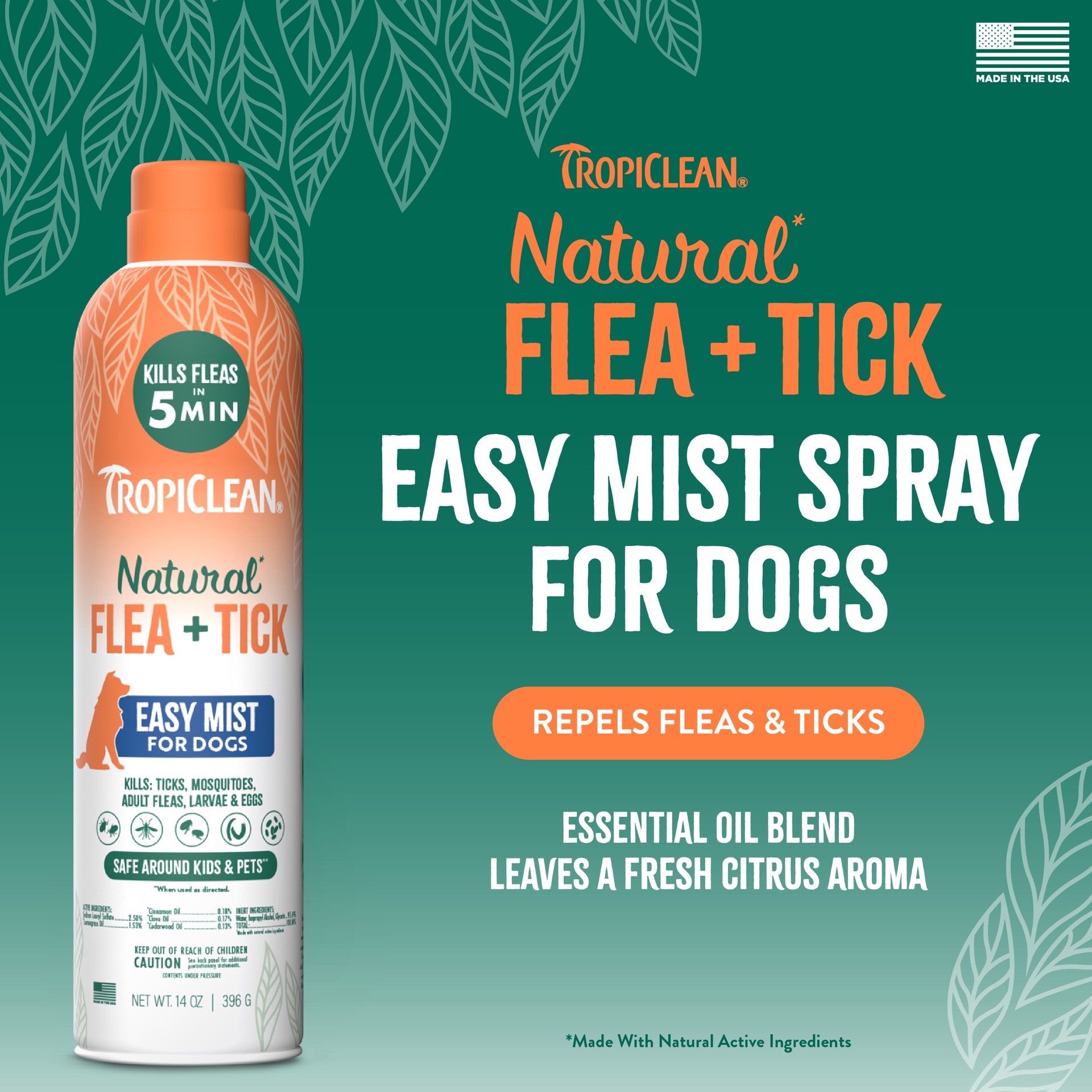 slide 2 of 8, TropiClean Natural* Flea + Tick Dog + Home Easy Mist Spray, 14oz, 14 oz
