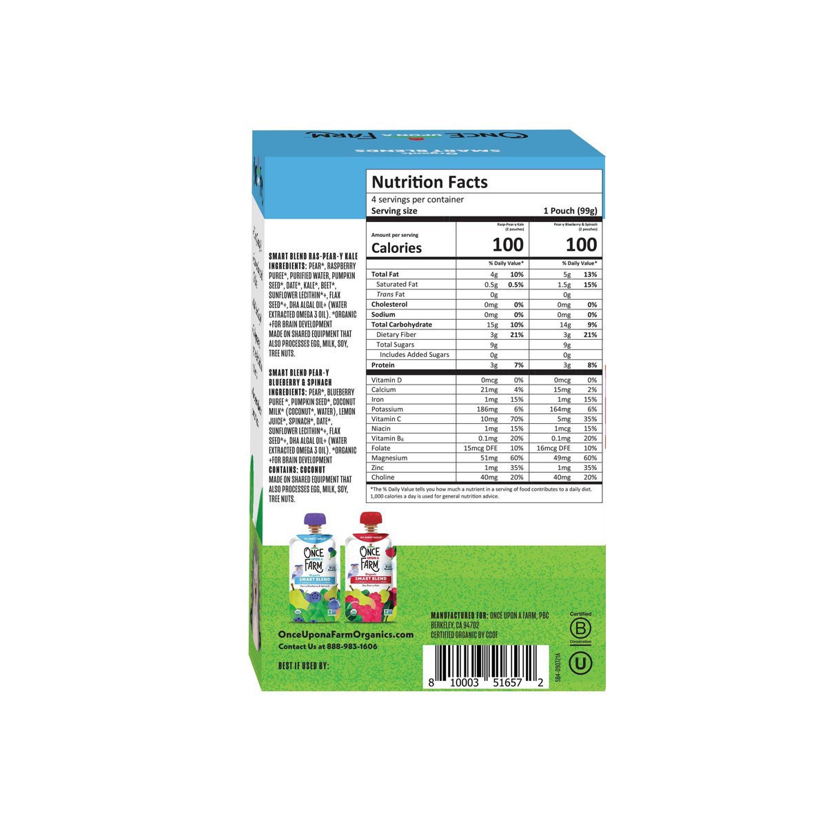 slide 17 of 25, Once Upon a Farm Organic Pear-y Blueberry & Spinach/Ras-Pear-y Kale Smart Blends 4 - 3.5 oz Pouches, 4 ct