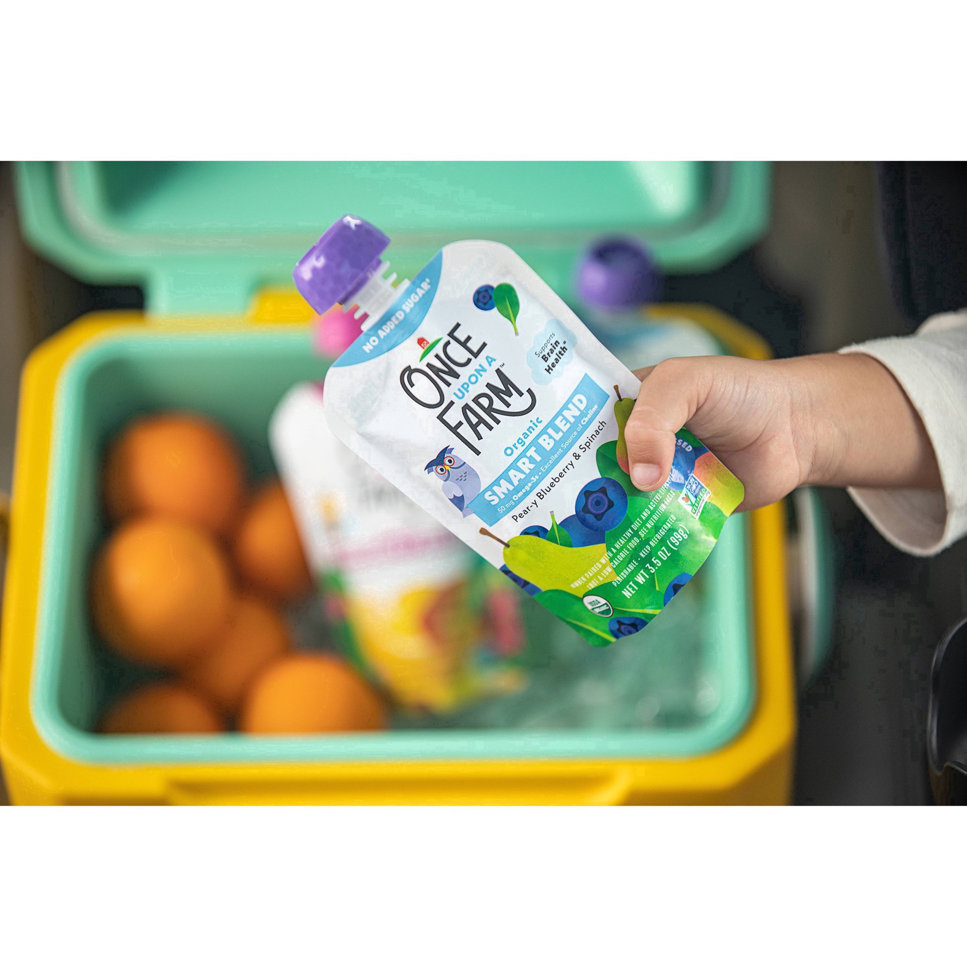 slide 2 of 25, Once Upon a Farm Organic Pear-y Blueberry & Spinach/Ras-Pear-y Kale Smart Blends 4 - 3.5 oz Pouches, 4 ct