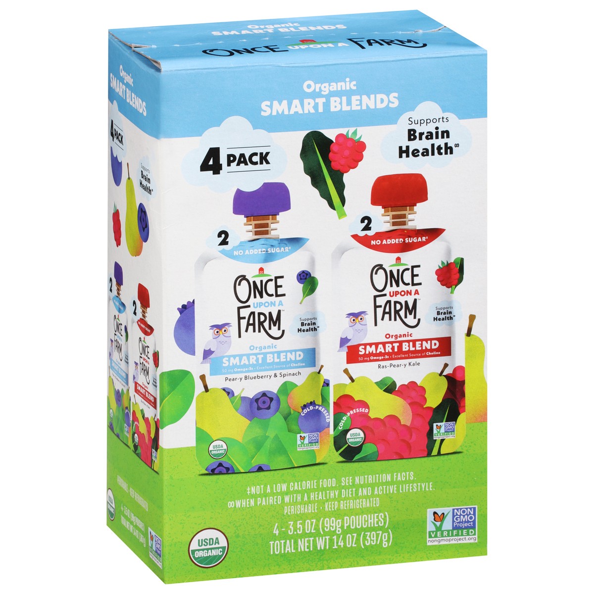 slide 1 of 25, Once Upon a Farm Organic Pear-y Blueberry & Spinach/Ras-Pear-y Kale Smart Blends 4 - 3.5 oz Pouches, 4 ct