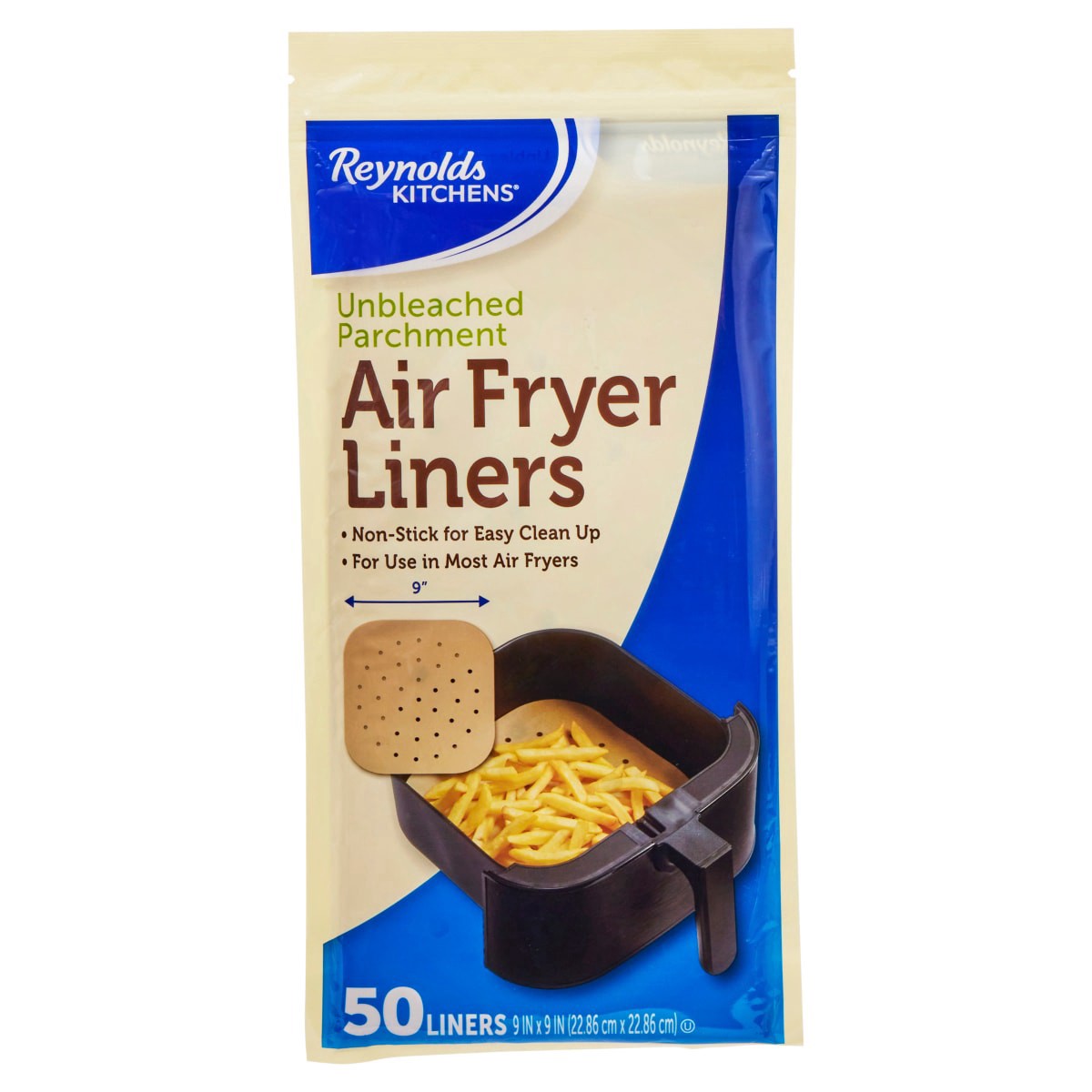 slide 1 of 1, Reynolds Kitchens Unbleached Parchment Air Fryer Liners, 9 in x 9 in, 50 Count, 0.22 lb
