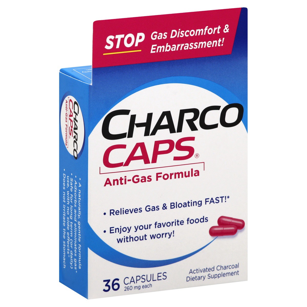 slide 1 of 6, CHARCOCAPS Charco Caps Anti-Gas Formula Activtd Charcoal 260Mg Capsules, 36 ct