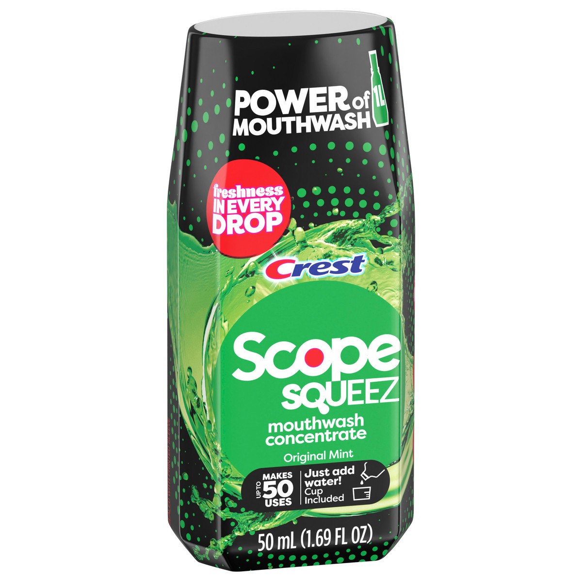 slide 4 of 5, Crest Scope Squeez Mouthwash Concentrate, Original Mint Flavor, 50mL Bottle, Equal Uses up to 1L Bottle *vs 1L Scope Outlast Mouthwash, Squeez to Control the Strength, 1.69 fl oz