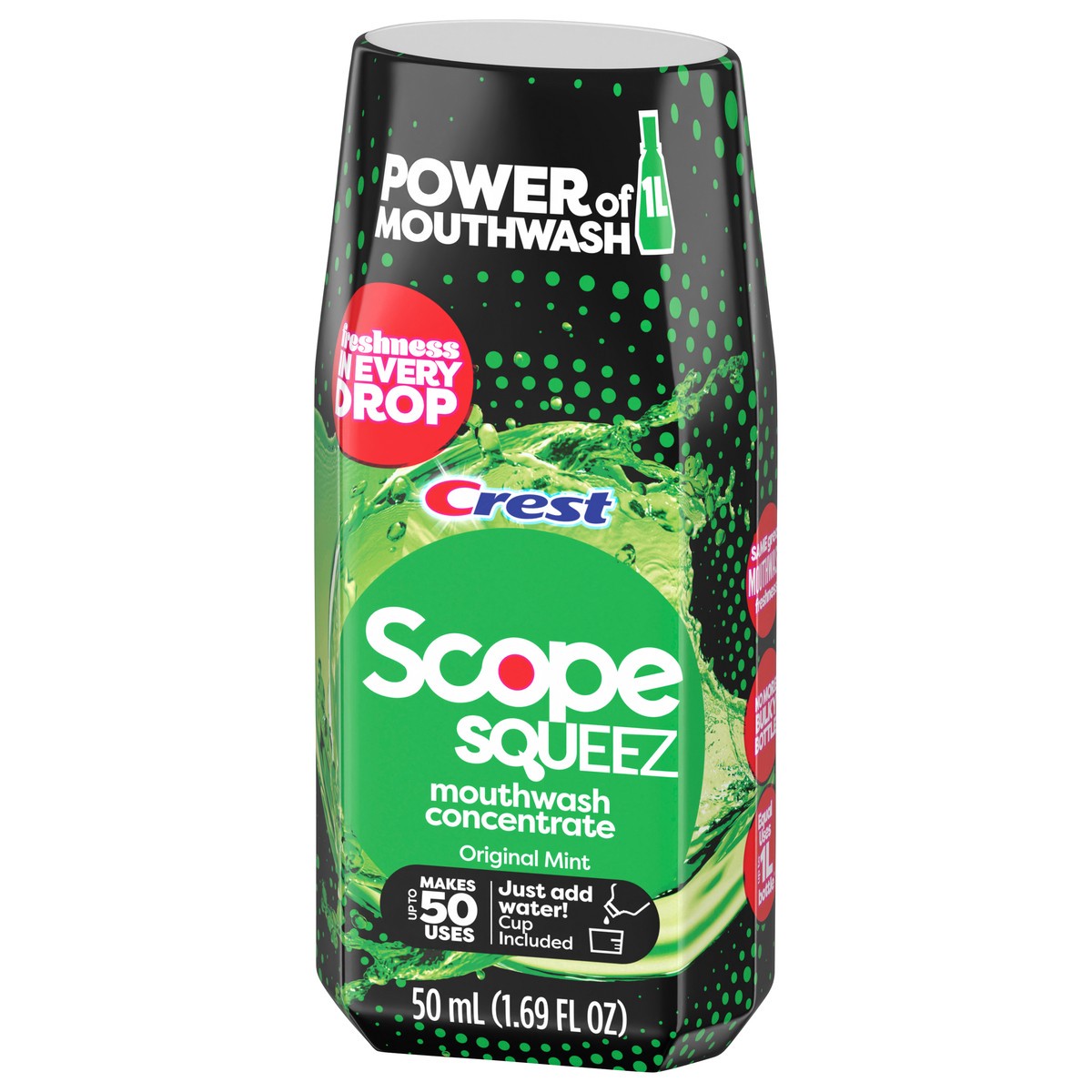slide 2 of 5, Crest Scope Squeez Mouthwash Concentrate, Original Mint Flavor, 50mL Bottle, Equal Uses up to 1L Bottle *vs 1L Scope Outlast Mouthwash, Squeez to Control the Strength, 1.69 fl oz