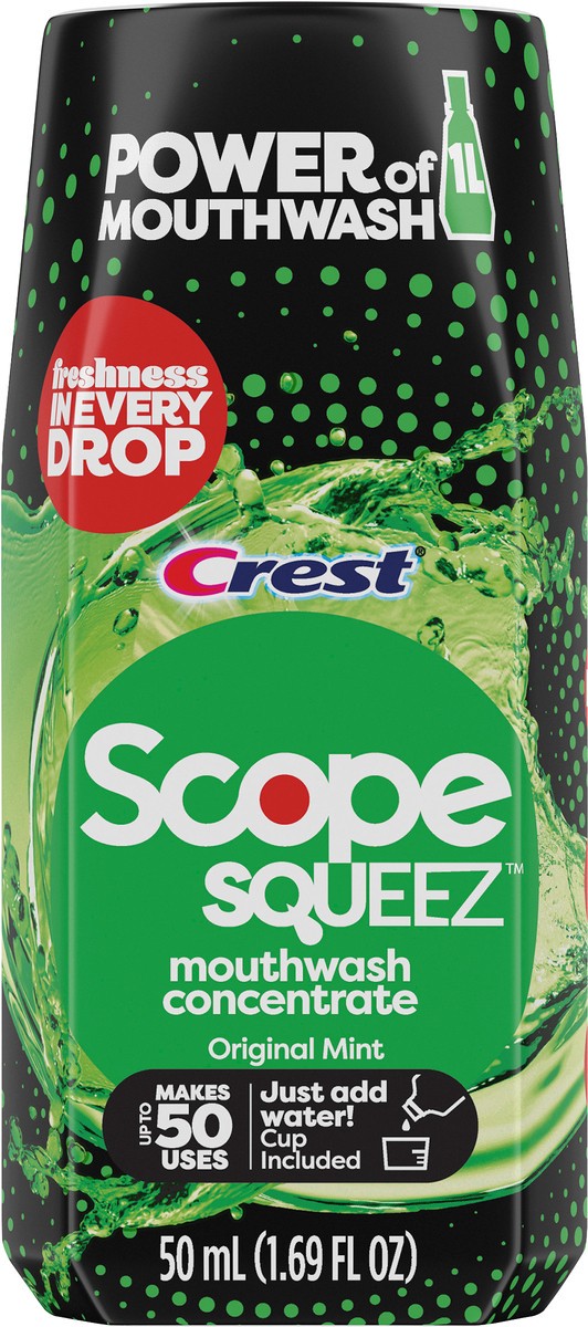 slide 3 of 5, Crest Scope Squeez Mouthwash Concentrate, Original Mint Flavor, 50mL Bottle, Equal Uses up to 1L Bottle *vs 1L Scope Outlast Mouthwash, Squeez to Control the Strength, 1.69 fl oz