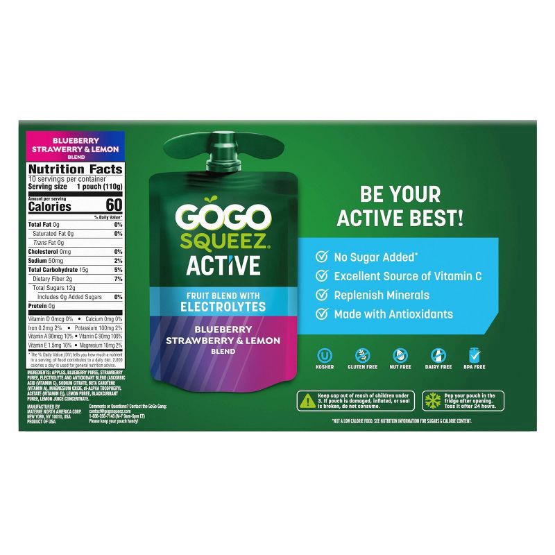 slide 7 of 10, GoGo squeeZ Blueberry Strawberry & Lemon Fruit Blend with Electrolytes 10 - 3.9 oz Pouches, 10 ct