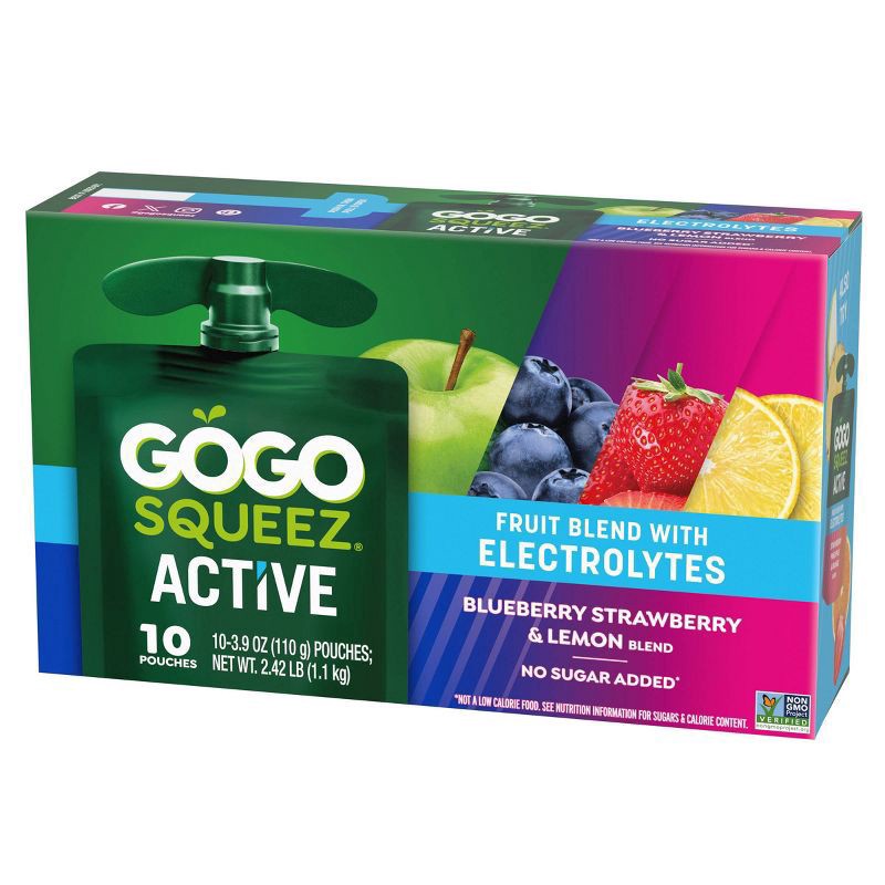 slide 4 of 10, GoGo squeeZ Blueberry Strawberry & Lemon Fruit Blend with Electrolytes 10 - 3.9 oz Pouches, 10 ct