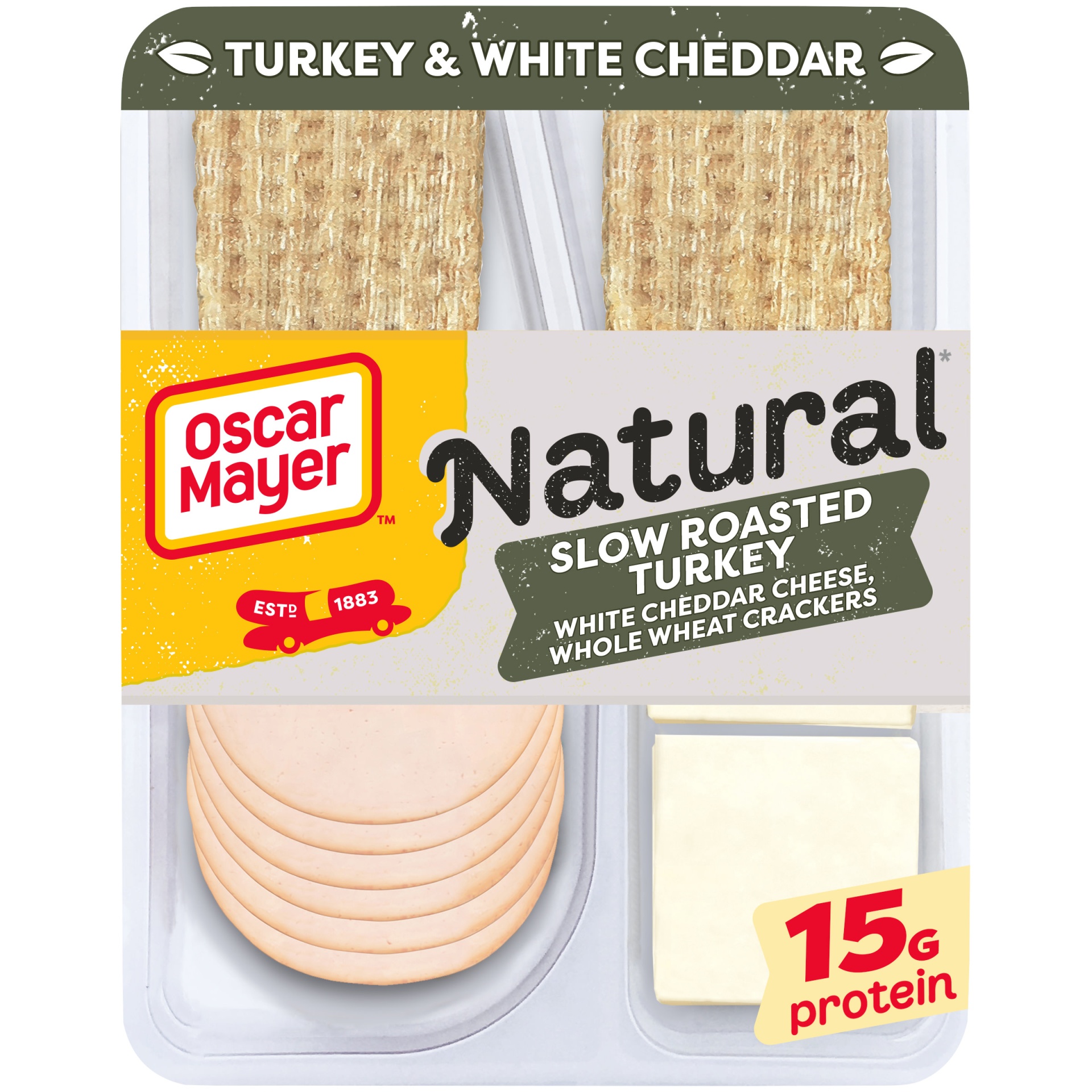 slide 1 of 2, Oscar Mayer Natural Meat & Cheese Snack Plate with Slow Roasted Turkey, White Cheddar Cheese & Whole Wheat Crackers Tray, 3.3 oz