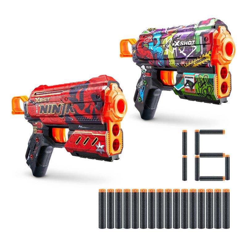 slide 1 of 9, X-Shot SKINS Flux Dart Blaster 2pk Combo- Ninja & Graffiti by ZURU, 2 ct