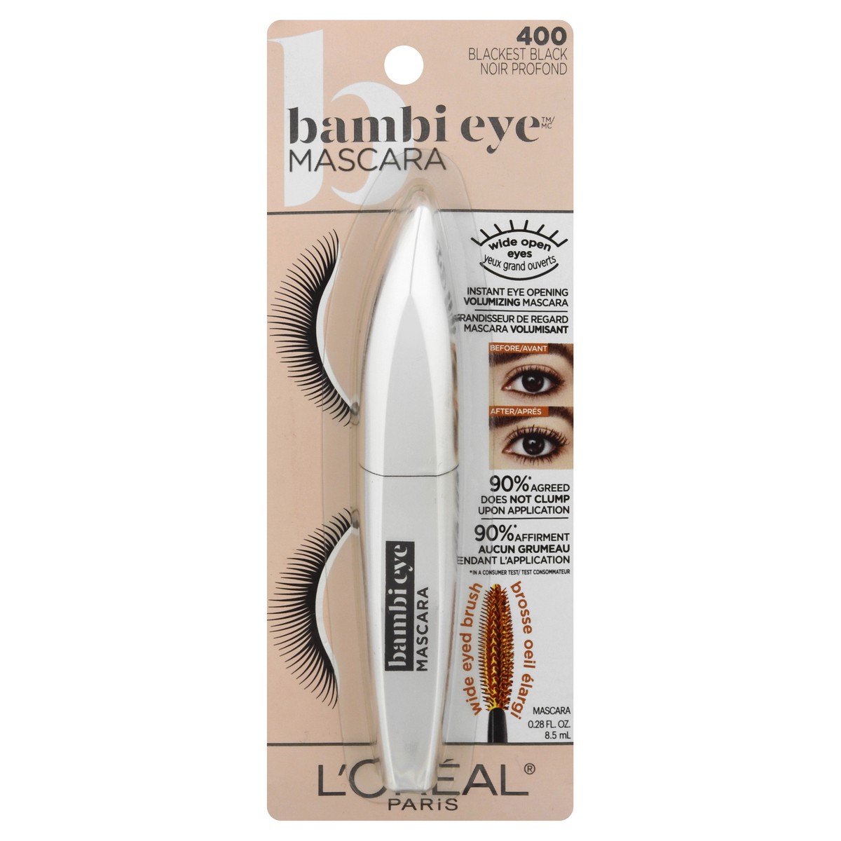 slide 1 of 9, L'Oréal L'Oreal Paris Bambi Eye Washable Mascara Lasting Volume Blackest Black - 0.28 fl oz, 0.28 fl oz