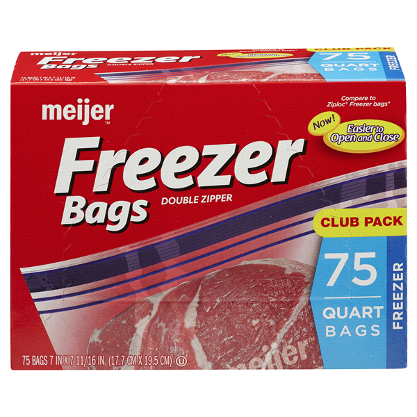 slide 1 of 1, Meijer Re-Closable Double Zipper Quart Freezer Bags, 75 ct
