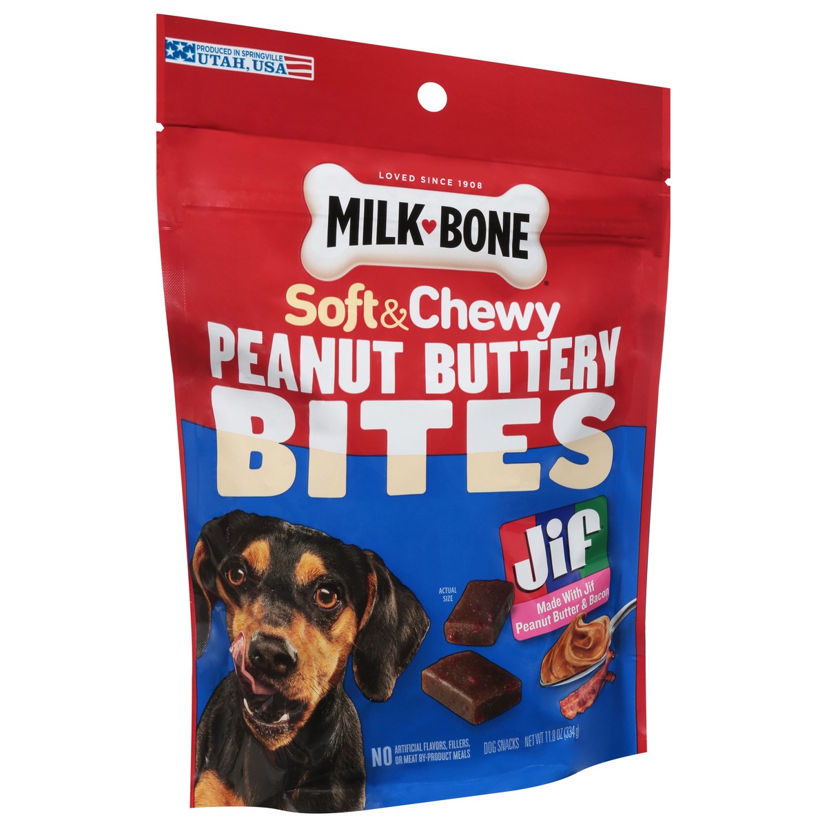 slide 13 of 16, Milkbone Jif Peanut Buttery Soft & Chewy Peanut Butter & Bacon Bites 11.8 Ounce, 11.8 oz