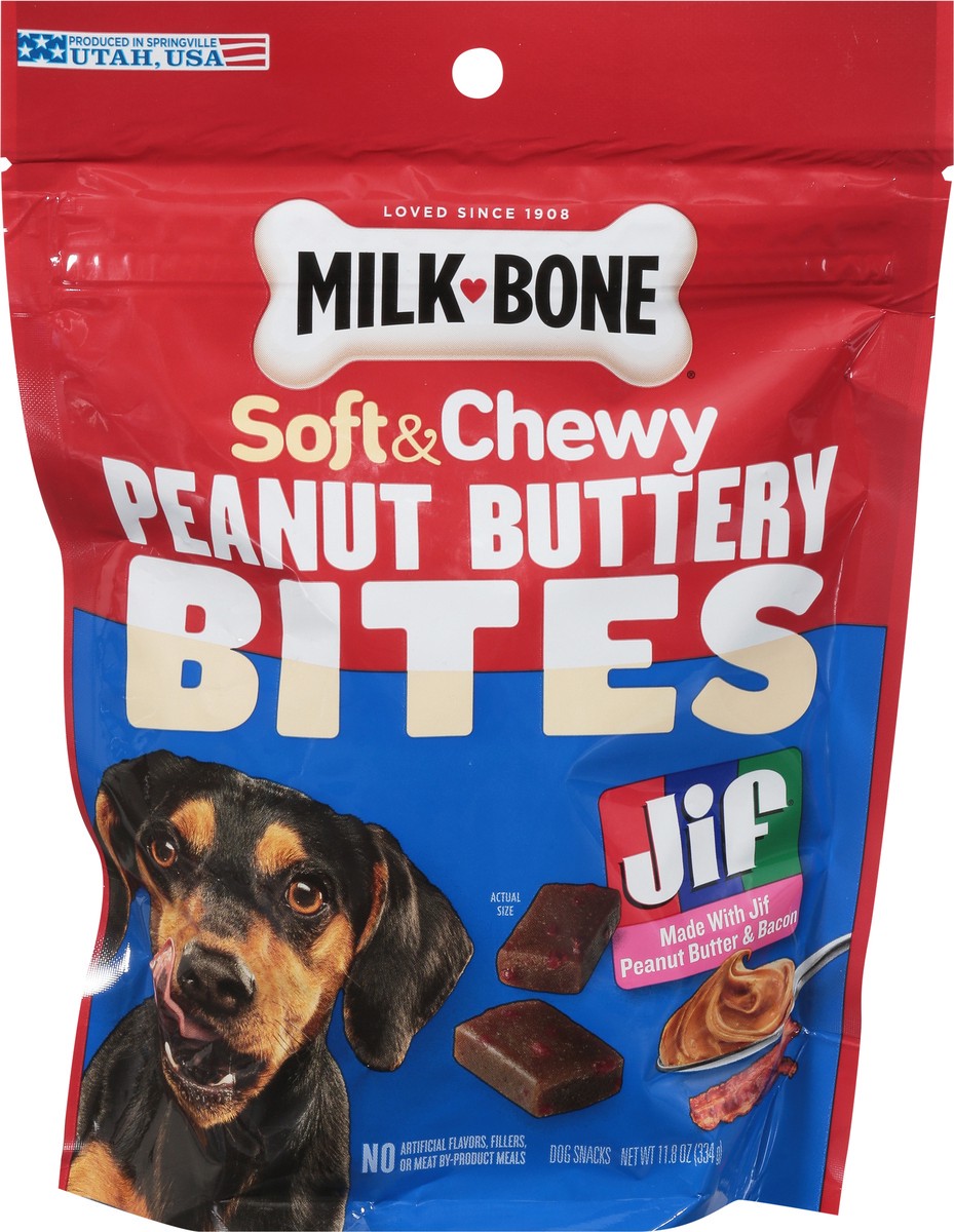 slide 11 of 16, Milkbone Jif Peanut Buttery Soft & Chewy Peanut Butter & Bacon Bites 11.8 Ounce, 11.8 oz