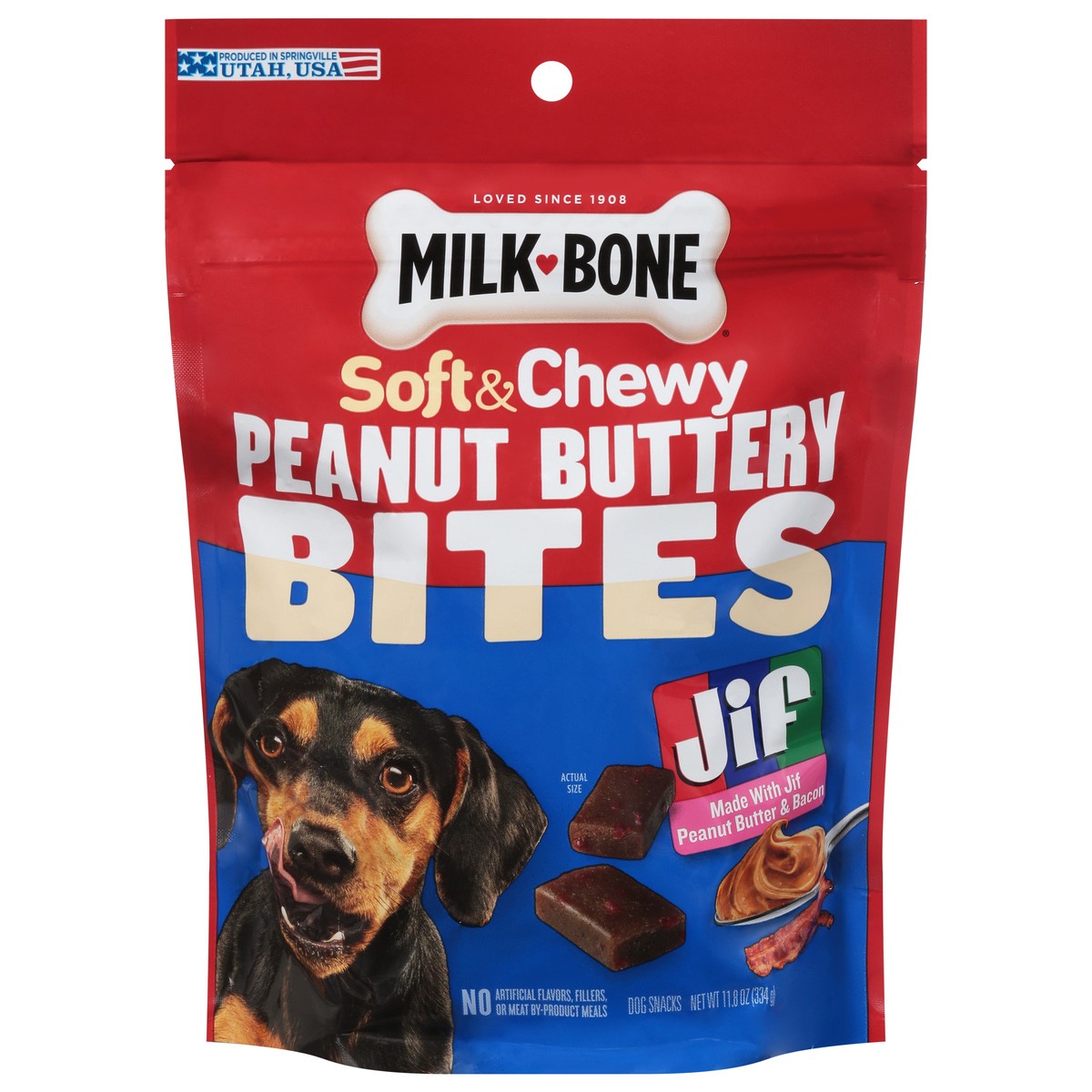 slide 4 of 16, Milkbone Jif Peanut Buttery Soft & Chewy Peanut Butter & Bacon Bites 11.8 Ounce, 11.8 oz