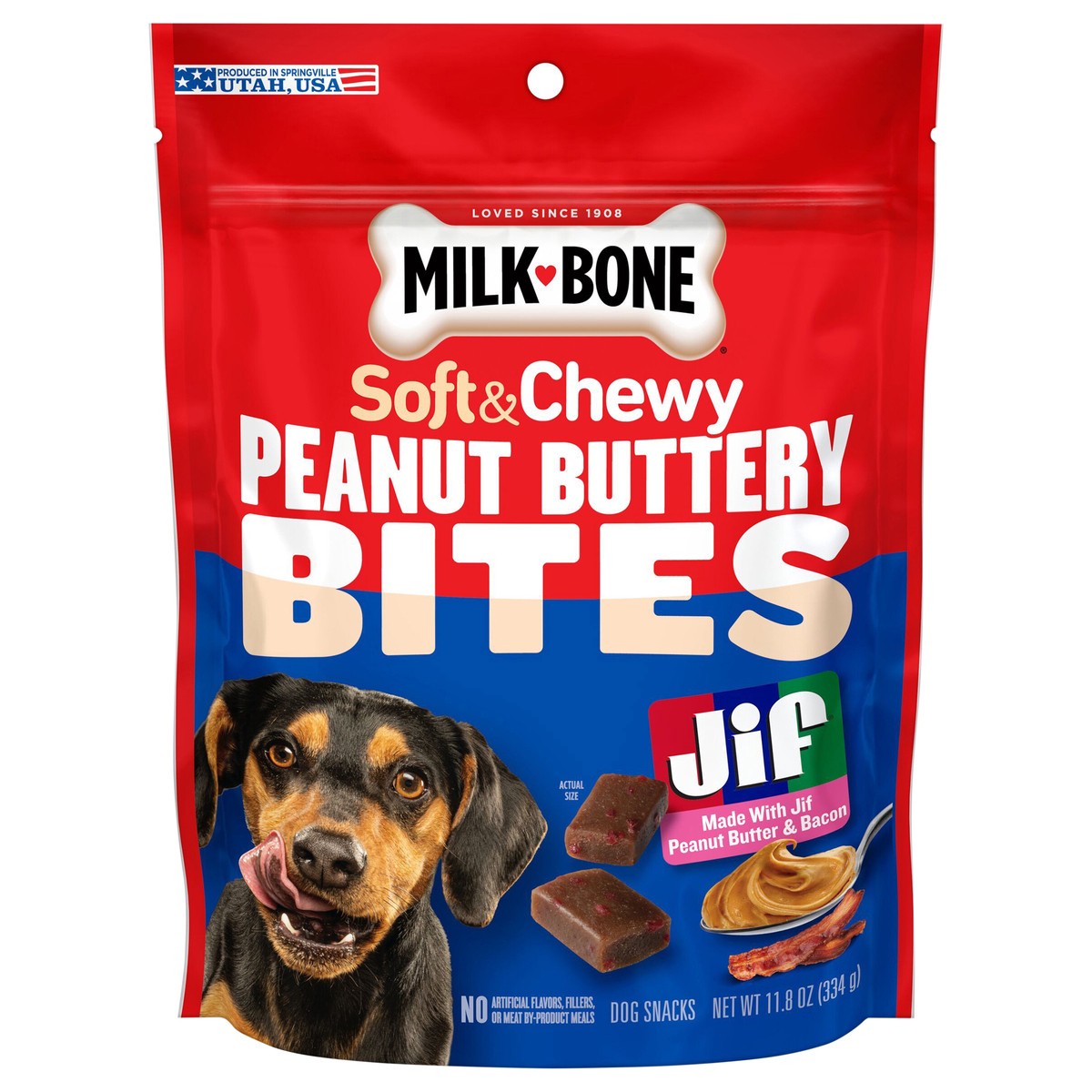 slide 1 of 16, Milkbone Jif Peanut Buttery Soft & Chewy Peanut Butter & Bacon Bites 11.8 Ounce, 11.8 oz